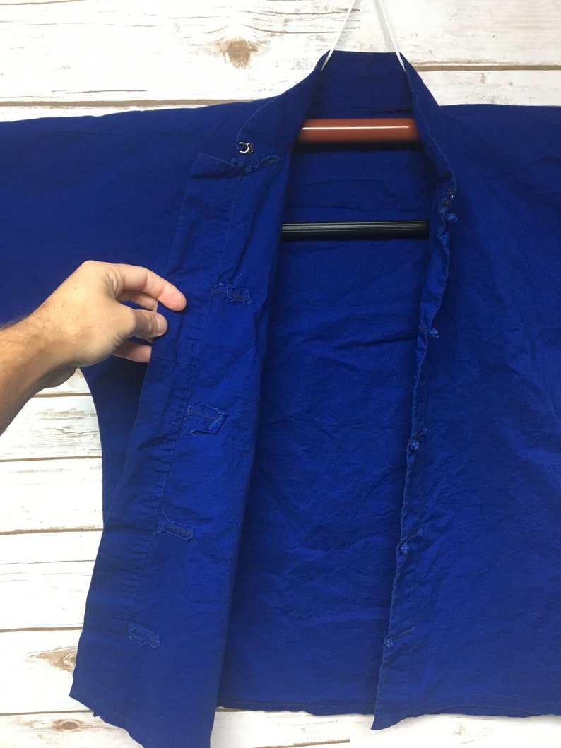 Vintage 70/'s Chinese Farmer Shirt Indigo workwear Traditional Chinese Asian peasant hippie boho mandarin collar blouse Women/'s SmallMedium