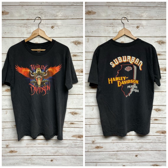 Vintage 90s Harley-Davidson Motorcycle Skulls Flames Print TShirt Tee Men's Size Large