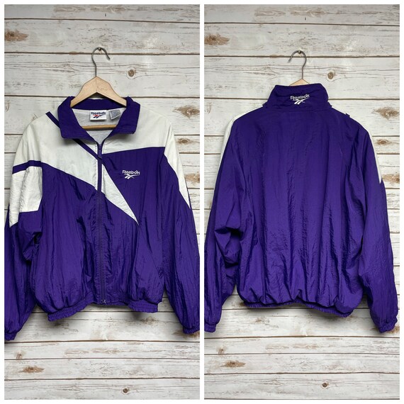 Vintage 90's Reebok Purple Windbreaker Jacket Large Logo All Over Print Reebok Jacket Lined Jacket Reebok Basketball - Medium
