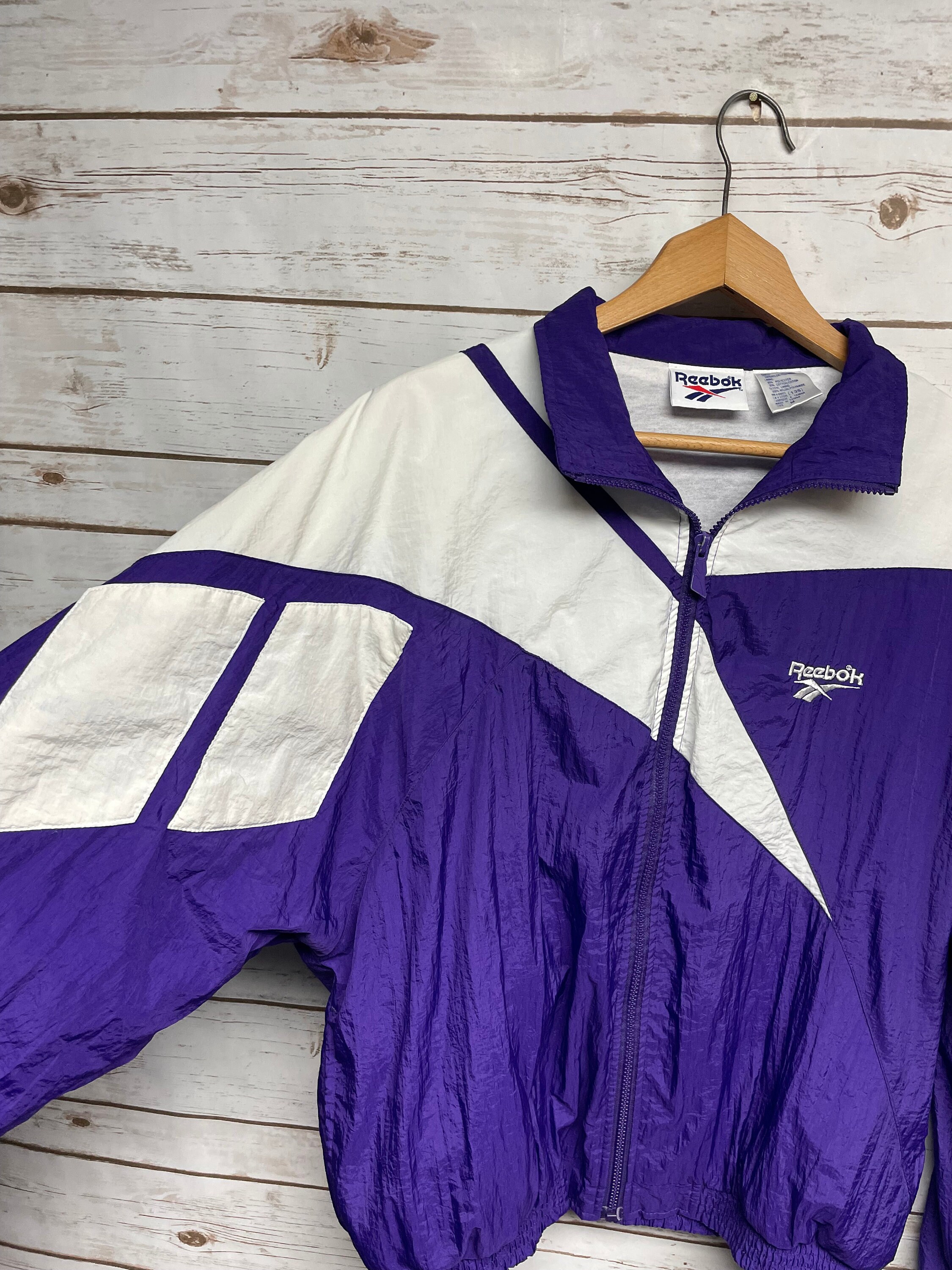 Vintage 90's Reebok Purple Windbreaker Jacket Large Logo All Over Print Reebok Jacket Lined Jacket Reebok Basketball - Medium