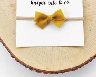 Mustard, Finley Bow : Baby Bow Headband, Felt Bow Headband, Baby Headbands, Baby Girl Bows, Nylon Headband
