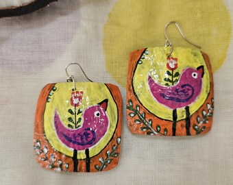 Hand Painted - Coconut Shell Earrings - Little Birdie