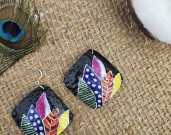 Hand Painted - Coconut Shell Earrings - Blossom