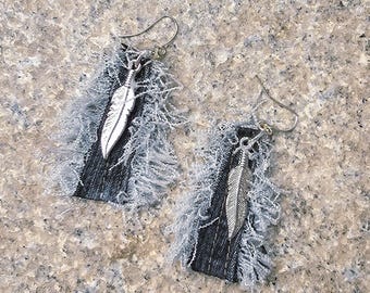 Upcycled Denim Feather Earrings | Boho Fringe, Silver Charm