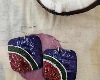 Hand Painted - Coconut Shell Earrings - Water Melon