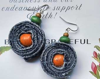 Upcycled Denim Earrings | Chakra Spiral with Wooden Beads