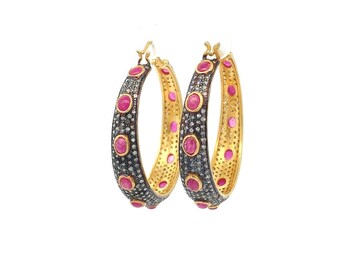 Gold Plated Oval Hoop Earrings with Ruby and Diamonds, Pave Diamonds Hoops, Ruby Hoop Earrings, 925 Sterling Silver Earrings, Gift For Mom