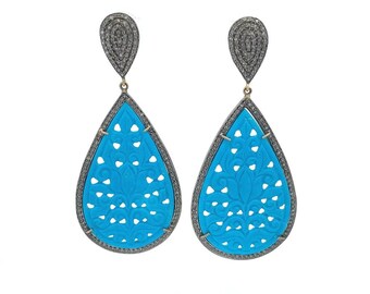 Turquoise Dangle Carved Earrings, Pave Oxidized Jewelry, 14K Gold Earrings, 925 Sterling Jewelry, Natural Turquoise Earrings, Gift For Mom