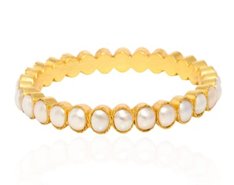 Pearl Bangle in .925 Sterling Silver with Gold Vermeil, White Pearl Bangle, June Birthstone Bangle, Pearl Wedding Bracelet, Gift for Her
