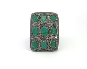 Emerald Diamond Ring in .925 Sterling Silver Oxidized with Pave Diamonds & Emerald Gemstone, Emerald Diamond Ring, Gift for Her, Size 5.5