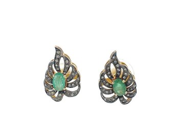 Emerald Diamond Leaf 925 Sterling Silver Studs, Pave Diamonds Stud Earrings, Emerald Diamond Earrings Studs, 925 Sterling Silver Jewelry