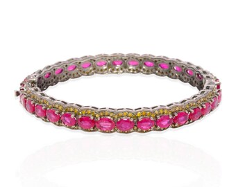 Handmade Ruby and Diamond Sterling Silver Bangle