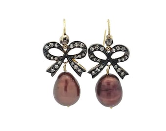 Brown Pearl Diamond Bow Earrings, 14k Gold Sterling Silver