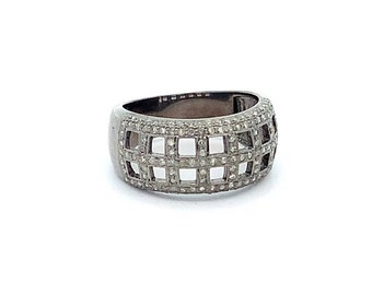 Checkered Design Diamond Band Ring .925 Sterling Silver Pave Diamonds Resizable, Designer Pave Diamonds Ring, Gift for Her, Size 7.5