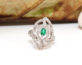 Emerald Gemstone Diamond Ring, 925 Sterling Silver Ring, White Oxidized Ring, Antique Style Ring, Anniversary Ring, Gift For Her