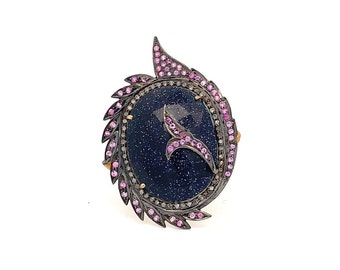 Victorian Sterling Silver Sunstar Ring, Pink Sapphire & Diamond Accents