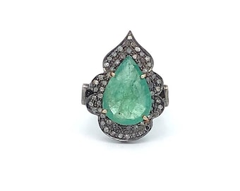 Emerald Pave Diamond Ring: Antique 925 Sterling Silver