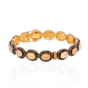 Opal Diamond Bangle | Bangle in 14kt Gold .925 Sterling Silver with Opal Gemstone and Oxidized Pave Diamonds