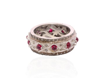 Ruby and Diamond Eternity Band Ring | Sterling Silver Size 7, Pave Gemstones Band Ring in .925 Sterling Silver, Eternity Ring, Gift for Her