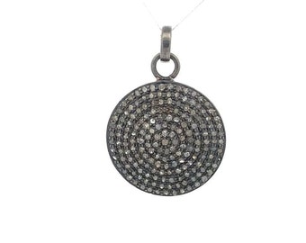 Oxidized Sterling Silver Pave Diamond Disc Pendant, Victorian Art Deco Style