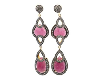 Ruby Diamond Dangle Earrings, 925 Sterling Silver Gold Plated, Pave Diamond Jewelry, Ruby Earrings, Long Drop Earrings, Gift For Her