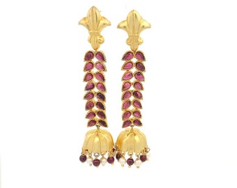 Red and Green Drop Earrings, Gold Plated 925 Sterling Silver, Bollywood Style