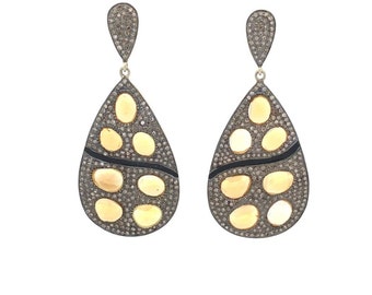 Opal Diamond Earrings: Sterling Silver, Black Enamel, Long Dangle