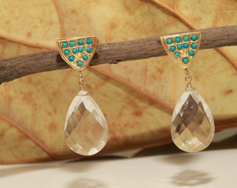 Turquoise & Crystal Drop Earrings, Gold Plated Sterling Silver Earrings