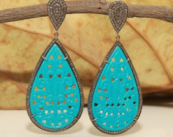 Carved Turquoise Earrings, Pave Oxidized Jewelry, 14K Gold Earrings, 925 Sterling Silver Jewelry, Natural Turquoise Earrings, Gift For Mom