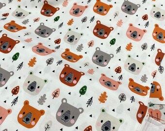 Forest Bear print fabric - 100% Cotton by Dashwood - 112cm wide - ‘Acornwood’ Collection - orange dressmaking kids sewing child directional