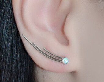 3 mm Opale Bianco EAR CLIMBER // Orecchini in Argento Sterling - Earcuff - Orecchini Up The Ear - Orecchini Climber - Orecchino Opal Post