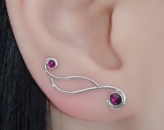 Silver EAR CLIMBER EARRING // Ruby Ear Cuff - Ear Pins - Minimalist Jewelry - Ear Sweep - Ear Vines - Earcuff Earings