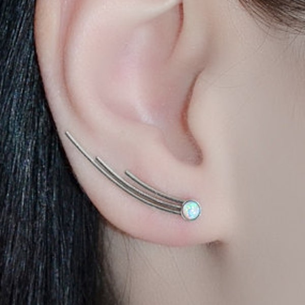 3mm White Opal EAR CLIMBER // Sterling Silver Earrings - Earcuff - Up The Ear Earrings - Climber Earrings - Opal Post Earring