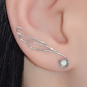 Silver EAR CLIMBER Opal // Opal Ear Pins - Minimalist Earrings - Ear Sweep - Ear Vines - Earcuff - Wrap Earings