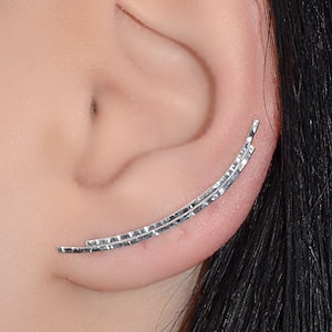 Curved EAR CLIMBER Earring // Silver Textured Bar Stud - Minimalist Earring - Ear Cuff - Post Earrings - Ear Sweep - Earcuff