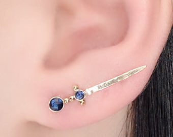 Sapphire EAR CLIMBER // 14k Gold Filled Earrings - Earcuff - Up The Ear Earrings - Climber Earrings - Sapphire Post Earring