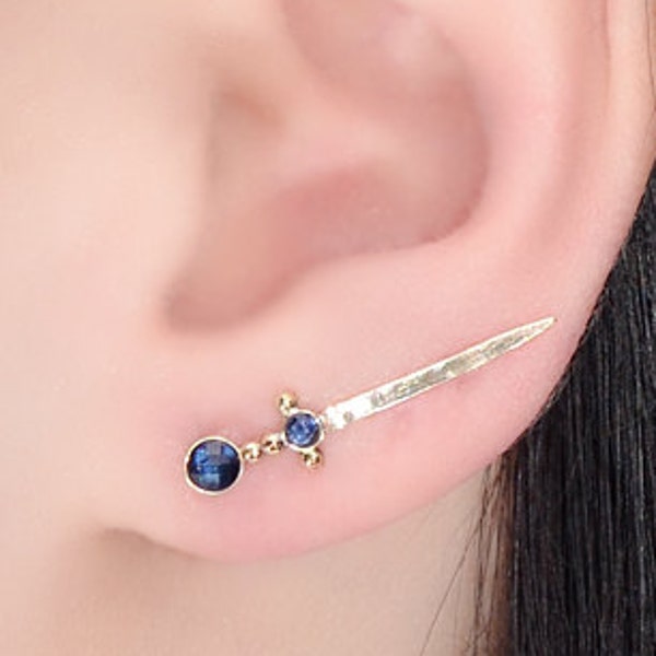 EAR CLIMBER de zafiro // Pendientes rellenos de oro de 14 k - Earcuff - Pendientes Up The Ear - Pendientes Climber - Pendiente de poste de zafiro