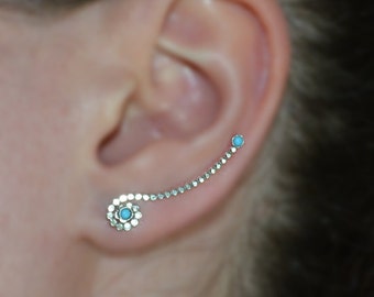 Turquoise EAR CLIMBER Earring // Silver Ear Cuff - Pin Earrings - Ear Wrap - Bar Studs - Earcuff - Post Stud Earings