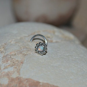 2mm White Opal NOSE STUD EARRING // Silver Flower Nose Hoop - Tragus Stud Earring - Silver Nose Ring 16g - Cartilage Hoop - Helix Stud
