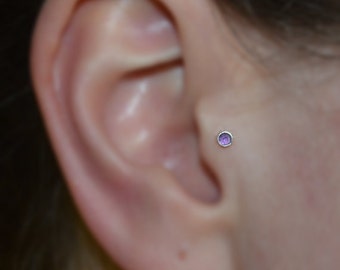 2mm Amethyst TRAGUS STUD EARRING Silver // Nose Hoop - Tragus Earring - Cartilage Piercing - Helix Stud - Nose Stud 16g - Nose Ring