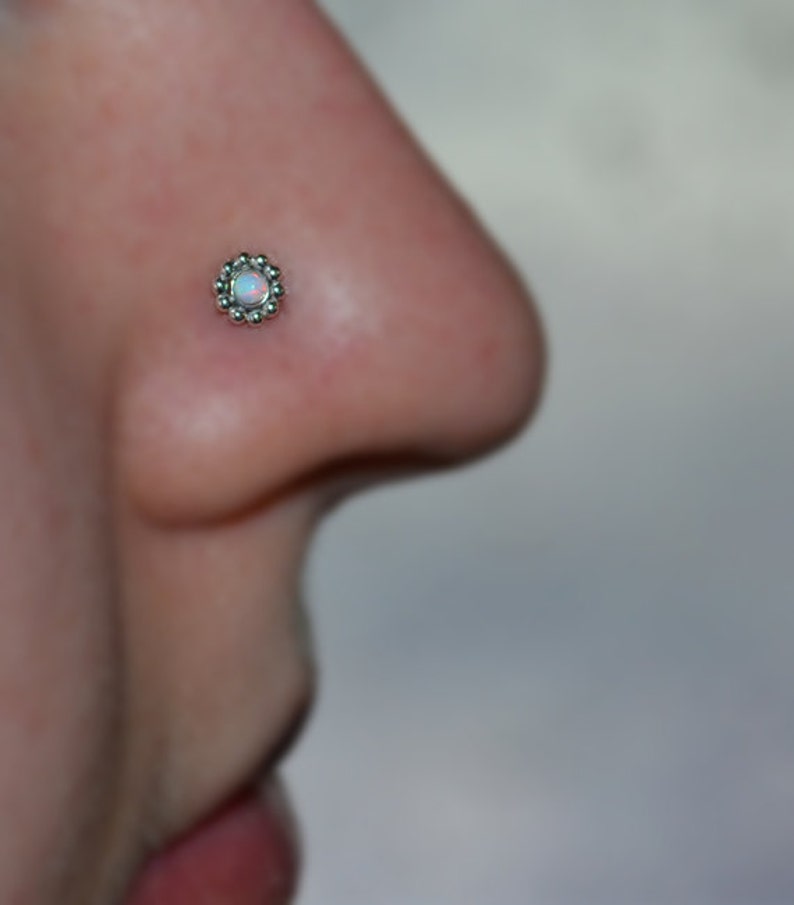 2mm White Opal NOSE STUD EARRING // Silver Flower Nose Hoop Etsy