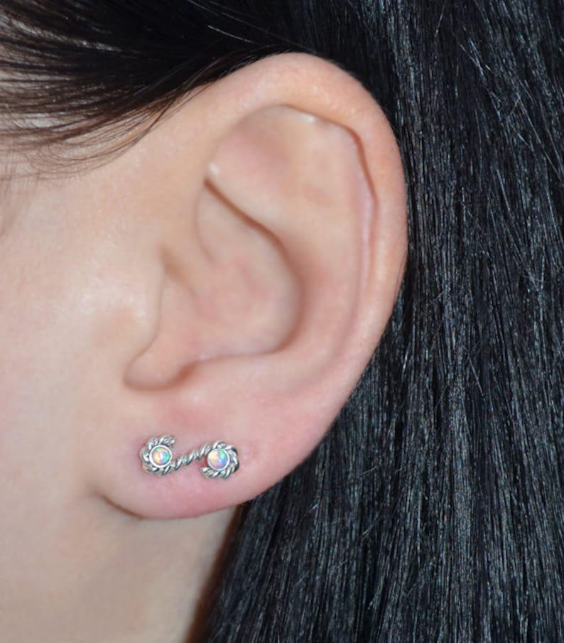 Minimalist Earrings Ear Sweep 2mm Blue Opal Ear Cuff Silver EAR CLIMBER Earring Ear Pins Ear Wrap Earring Ear Crawler