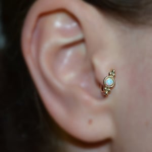 3mm White Opal TRAGUS EARRING // Gold Nose Ring Hoop - Conch Piercing - Helix Earring - Cartilage Earring - Tragus Jewelry - Septum Ring 18g