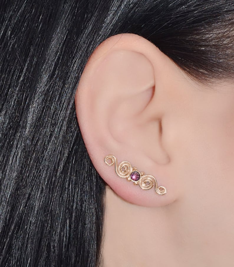 Wrap Earings Gold EAR CLIMBER 3mm Amethyst Amethyst Ear Pins Minimalist Earrings Earcuff Ear Vines Ear Sweep