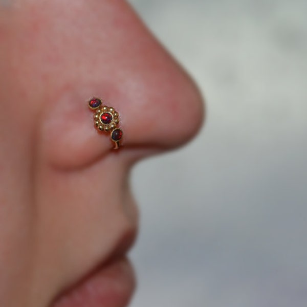 Gold Flower NOSE RING // 2mm Opal Nose Ring Hoop 18g - Rook Earring - Cartilage Hoop - Helix Earring - Tragus Jewelry - Conch Earring