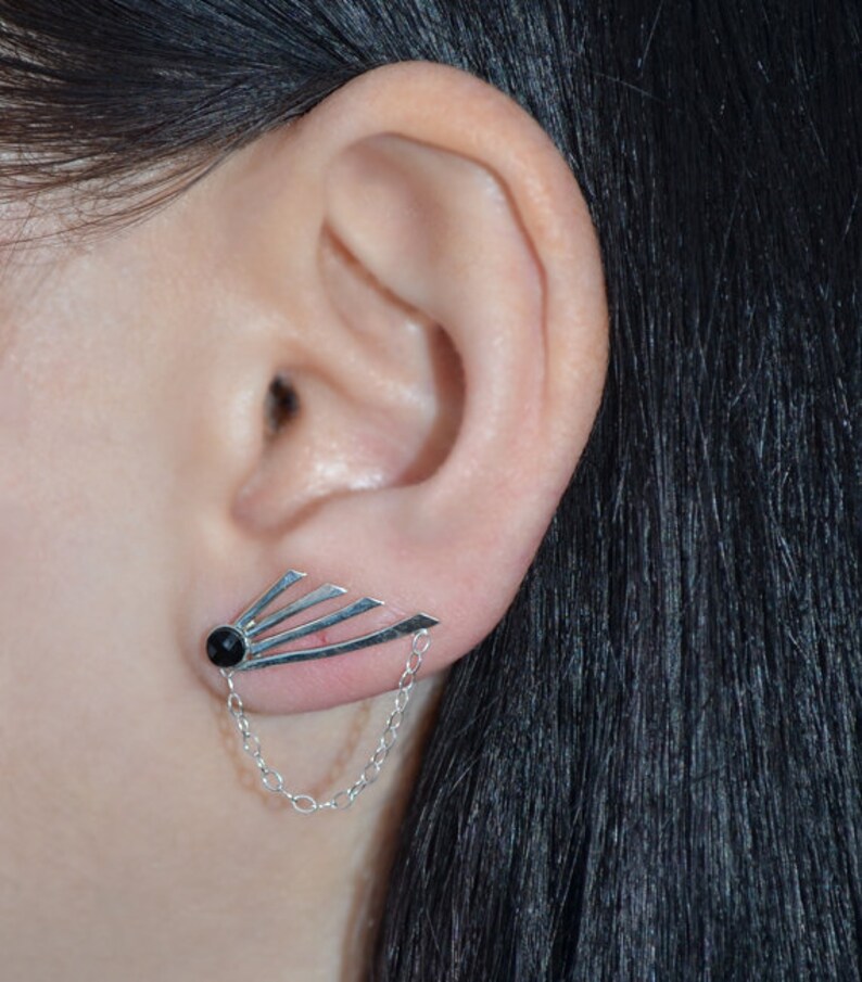 Ear Sweep Post Earrings Earcuff Minimalist Earring Onyx Ear Cuff 3mm Black Onyx EAR CLIMBER Silver Onyx Bar Stud