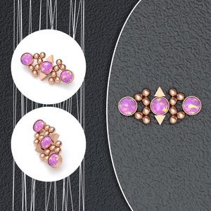 May include: Two different styles of body jewelry featuring a cluster of small rose gold beads with pink opal stones. The jewelry is designed for a cartilage piercing.