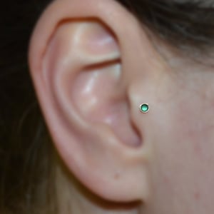 Gold TRAGUS EARRING STUD// 2mm Emerald Nose Stud 20 gauge - Nose Ring - Cartilage Stud - Helix Earring Stud - Tragus Hoop - Conch Stud