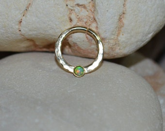 Gold SEPTUM RING // Hammered Kiwi Green Opal Nose Ring - Septum Jewelry 16g - Helix Earring - Tragus Jewelry - Septum Hoop - Rook Jewelry