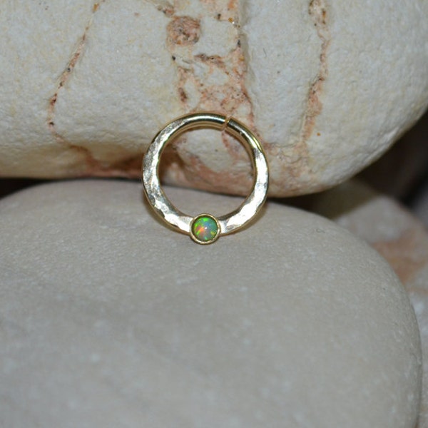 Gold SEPTUM RING // Hammered Kiwi Green Opal Nose Ring - Septum Jewelry 16g - Helix Earring - Tragus Jewelry - Septum Hoop - Rook Jewelry